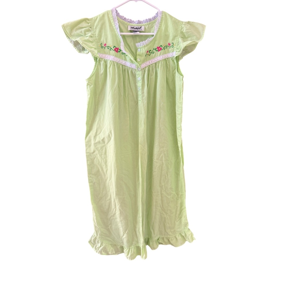 Anthony‎ Richards Vintage Lime Green Floral Embroidered Nightgown L Flutter Sl